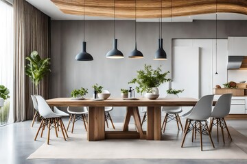 Interior design of a trendy dining room with a family hardwood table, modern seats, a plate with nuts, salt and pepper shakers.