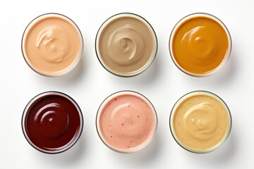 Variety of delicious sauces in bowls top view