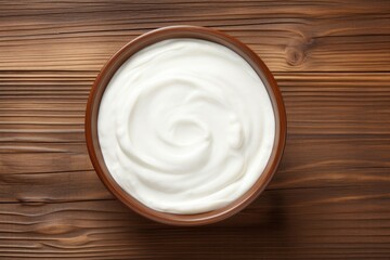 Top view of Greek yogurt in white bowl on wooden table - obrazy, fototapety, plakaty
