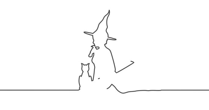 Sitting young witch. Witch outline silhouette with a broomstick, cat and raven. Halloween relative thin line animation