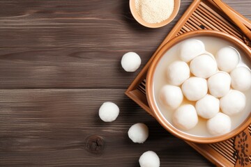 Top view of sesame tangyuan with sweet syrup soup on wooden table for Winter solstice festival food