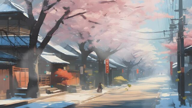 beautiful street in Japan or Korea in winter with cherry blossom trees. Cartoon or anime watercolor painting illustration style. seamless looping 4K time-lapse virtual video animation background.