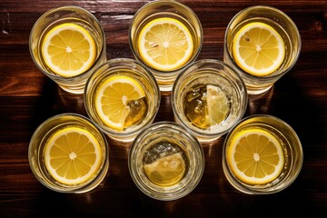 Top view of tequila shots with lemon