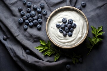 Top view of yogurt and blueberries in a bowl on a table