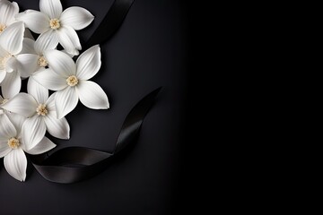 Top view space for text white flower near black ribbon black background funeral symbol