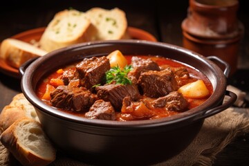 Traditional Hungarian meal with beef chuck steak potatoes and paprika in goulash soup and stew - obrazy, fototapety, plakaty