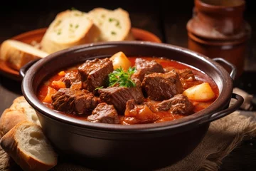 Poster Traditional Hungarian meal with beef chuck steak potatoes and paprika in goulash soup and stew © The Big L