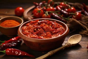 Keuken spatwand met foto Turkish chili and tomato paste with dried peppers and fresh tomatoes in a bowl on a table © The Big L