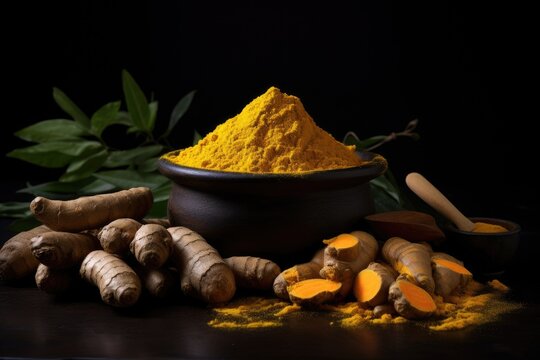 Turmeric powder mortar pestle roots and barks on black background
