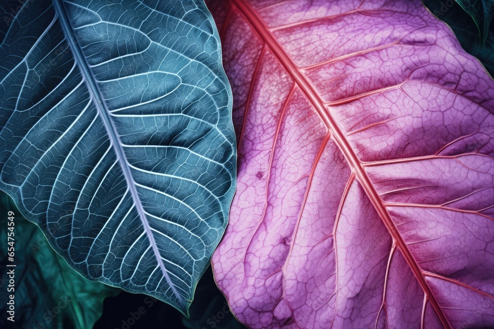 Wall mural Two vibrant natural tropical leaf textures with gradient colors in green and purple pink blue violet hues