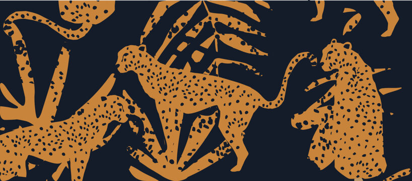 Trendy and modern wildlife pattern with leopards. Leopards and leaves vector illustration design