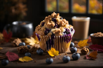 a very delicious and mouthwatering muffins cupcake with blueberries and cinnamon crumble autumn vibe, warm,  - obrazy, fototapety, plakaty