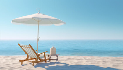 Wooden beach bench under parasol umbrella on tropical island beach. generative ai