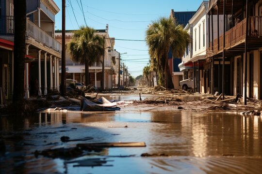 Streets submerged and damaged by a disastrous flood and hurricane. Generative AI
