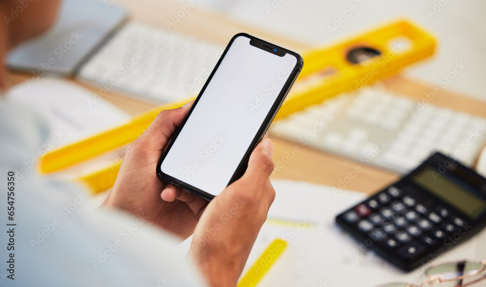 Poster engineer, closeup and man with a smartphone, mockup and typing with connection, research and network