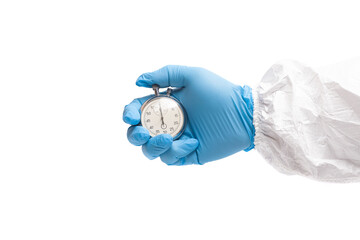 doctor's hand in blue surgical medical gloves holds an activated mechanical stopwatch
