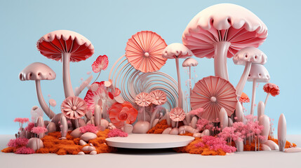 3D Podium Stage with Decorated Abstract Flower and Mushrooms