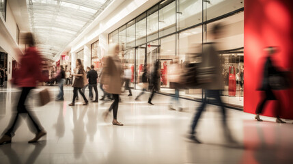 Blurred background of a modern shopping mall with some shoppers. Stylish women looking at showcase, motion blur. Abstract motion blurred shoppers with shopping bags