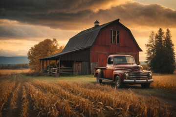 old barn in the field with vintage truck parking in front of the farm - obrazy, fototapety, plakaty