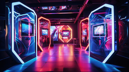 High-Tech Photobooth with Futuristic Concept, Neon Lights Decorated and Futuristic Holographic