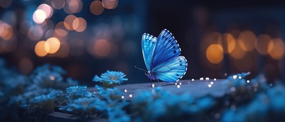 Pretty blue wing butterfly in outdoor garden sitting on flowers, peaceful serene late evening dusk with colorful bokeh blur light circles in background, panoramic macro closeup.