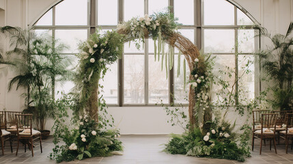 Floral Arches Indoor Wedding with Lush Greenery and Natural Wood
