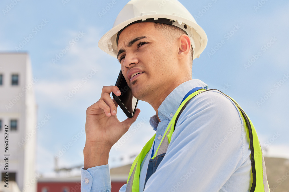 Poster engineer on construction site, phone call and negotiation for building schedule, inspection and main