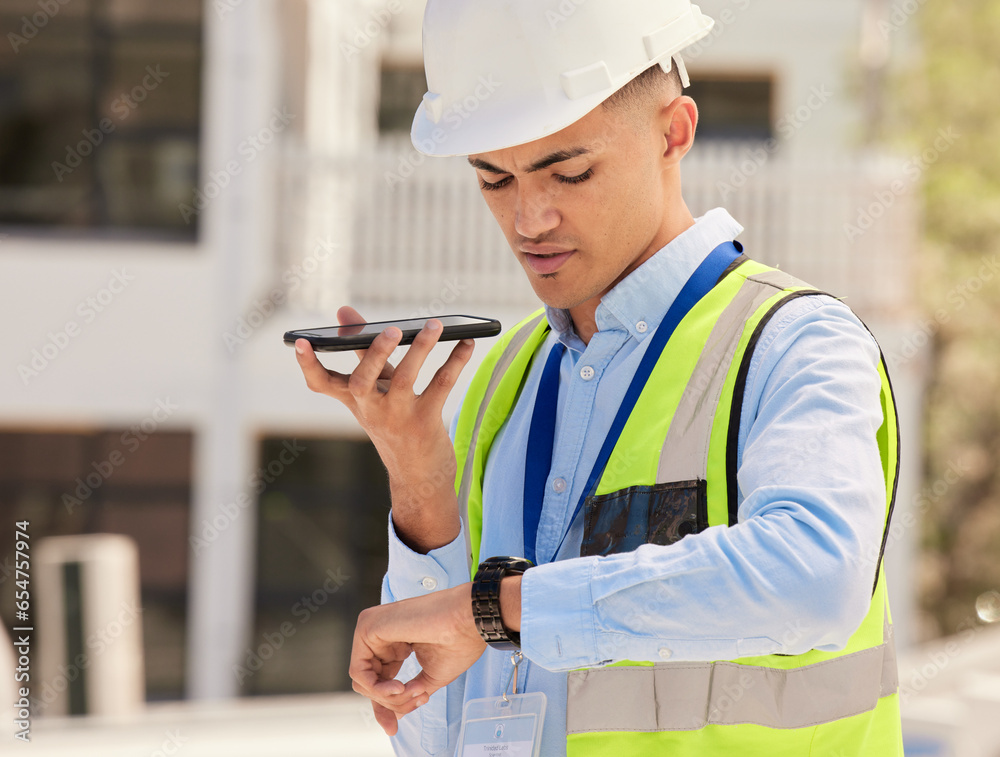 Poster engineer on construction site, phone call and checking watch for building schedule, inspection and m