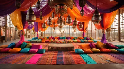 Fotobehang Bollywood Sangeet Ceremony Arrangement Decoration with Hanging Marigold Garlands © Magenta Dream