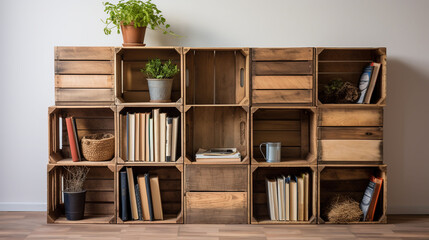 Functional Wooden Crates for Organize Books and Accessories or Household Items - obrazy, fototapety, plakaty
