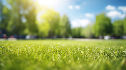 Beautiful blurred summer background with green trees, grass and blue sky