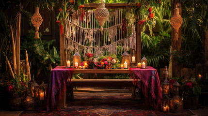 Wooden Dinner Table with Romantic Decoration Flower Arrangements and Hanging Leaves - obrazy, fototapety, plakaty