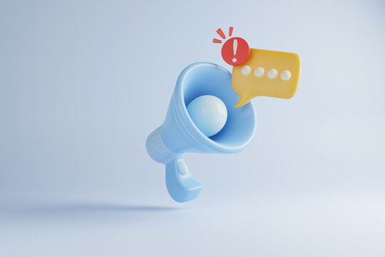 3D megaphone speaker or megaphone for promotional announcements. 3D megaphone with simulated microphone. Megaphone icon, 3D render for notifications and announcements on isolated background.