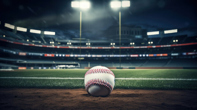 Close up of a Baseball ball in the center of the stadium