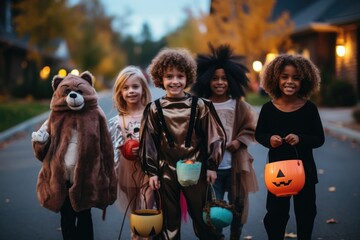 Fototapeta premium Diverse group of children and kids in halloween costumes trick or treating in the suburbs in a neighborhood