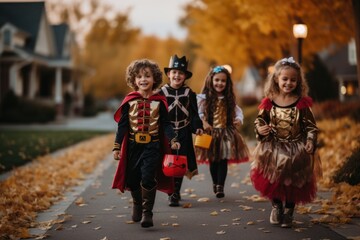 Fototapeta premium Diverse group of children and kids in halloween costumes trick or treating in the suburbs in a neighborhood
