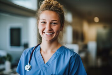 Smiling portrait of a happy female caucasian nurse working in an office - obrazy, fototapety, plakaty