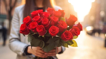  A young woman holds beautiful red roses in her hands © red_orange_stock