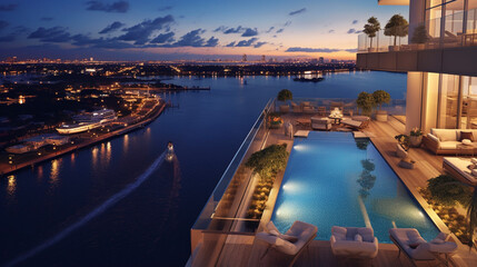 Impressive luxury penthouse terrace with a swimming pool overlooking Miami - obrazy, fototapety, plakaty