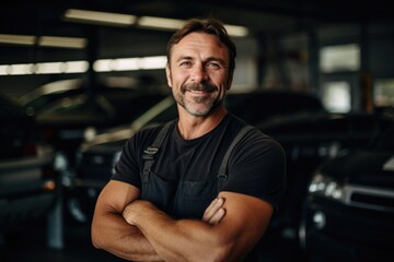 Fototapeta na wymiar Portrait of a white middle aged male car mechanic working in a car mechanic shop