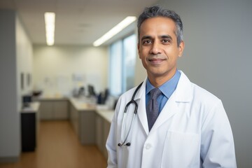 Portrait of a middle aged male indian doctor working in a hospital