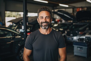Obraz premium Portrait of a white middle aged male car mechanic working in a car mechanic shop