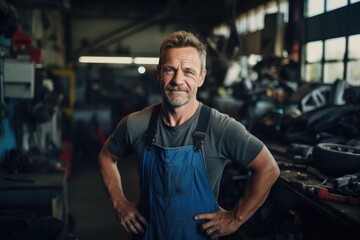 Fototapeta premium Portrait of a white middle aged male car mechanic working in a car mechanic shop