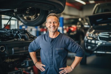 Fototapeta na wymiar Portrait of a white middle aged male car mechanic working in a car mechanic shop