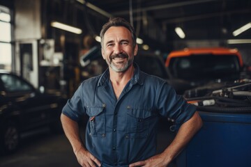 Fototapeta premium Smiling portrait of a middle aged caucasian car mechanic working in a mechanic shop