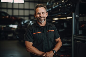 Fototapeta premium Smiling portrait of a middle aged caucasian car mechanic working in a mechanic shop