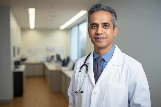 Portrait of a middle aged male indian doctor working in a hospital