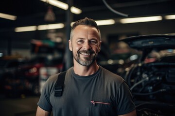 Obraz premium Smiling portrait of a middle aged caucasian car mechanic working in a mechanic shop