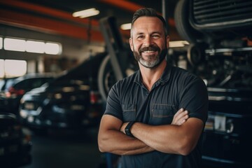 Obraz premium Smiling portrait of a middle aged caucasian car mechanic working in a mechanic shop