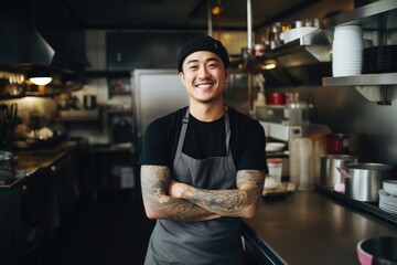 Naklejka premium Smiling portrait of a young tattood asian chef working in a restaurant kitchen